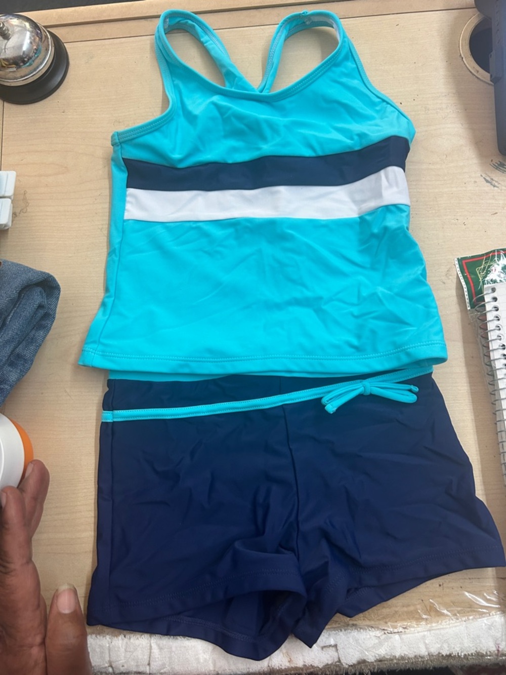 Girls Aqua and Navy Two-Piece Swim Set - Tankini and Swim Shorts